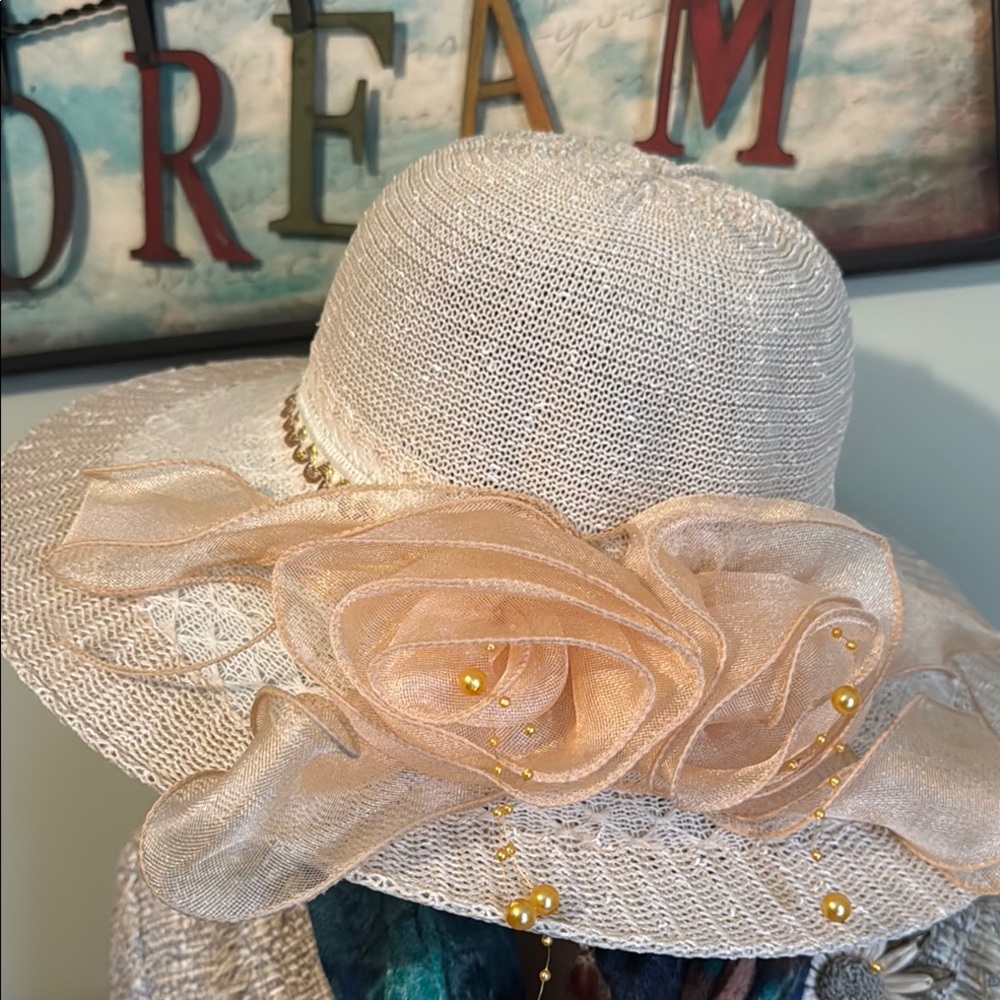 Chic Cream and Tan Wide-Brimmed Hat with Floral Accents